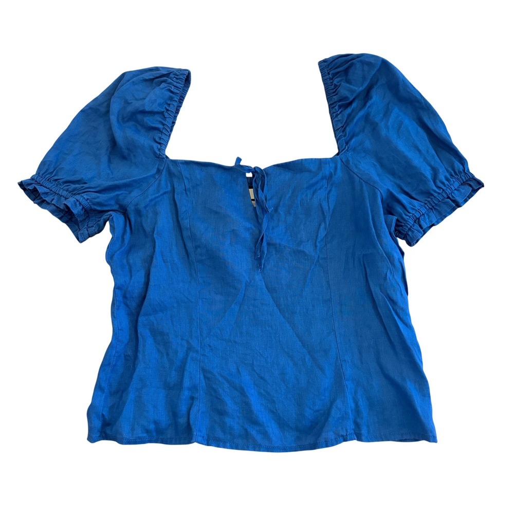 H&M 100% Linen Cropped Puff Sleeve Top S Cobalt Blue Prairie Peasant Lightweight
